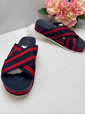 Tommy Hilfiger Blysse Womens 7 Flatform Sandals Red/Blue Striped Crossover  #482